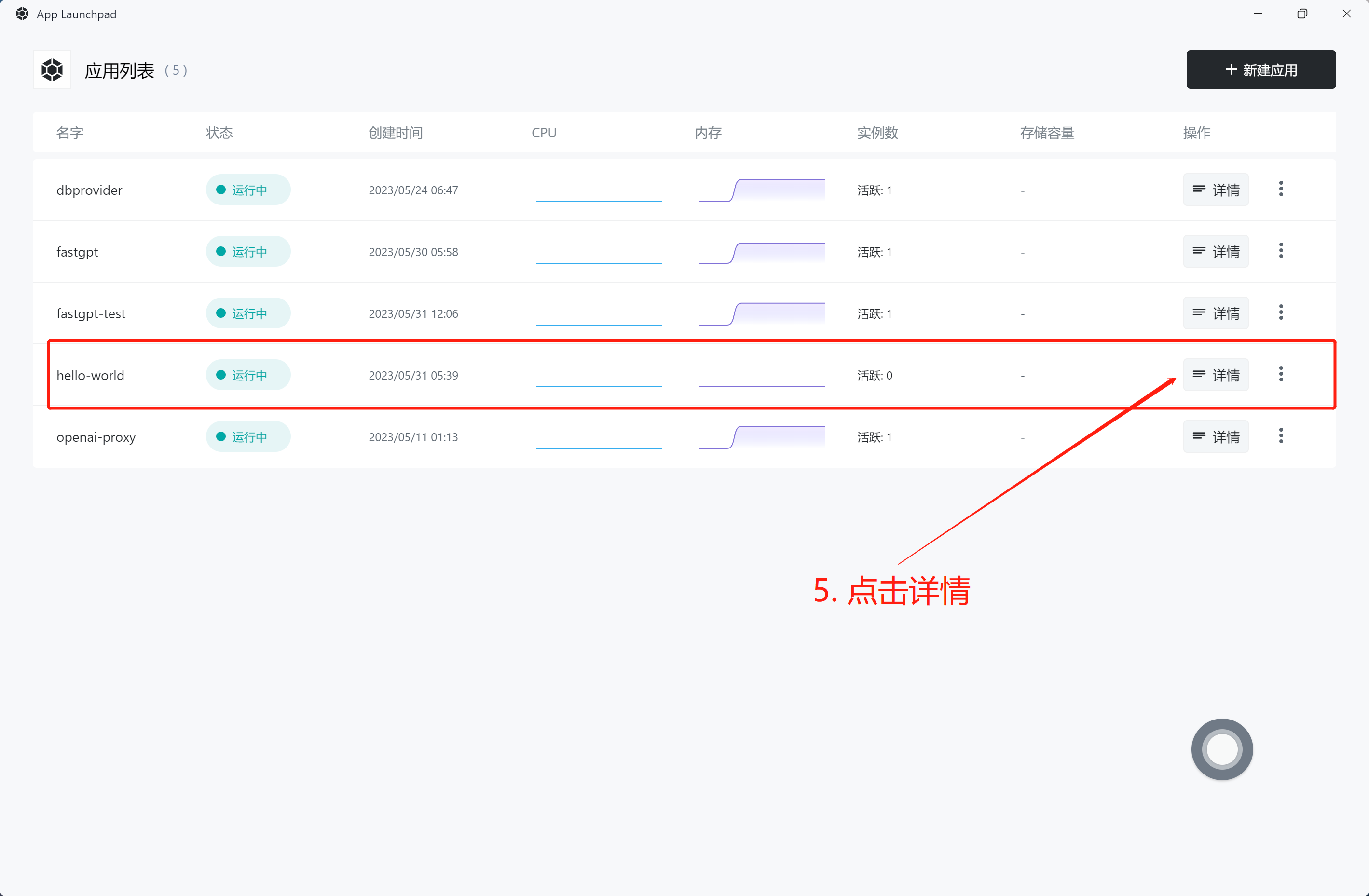 5. 点击详情，进入应用详情